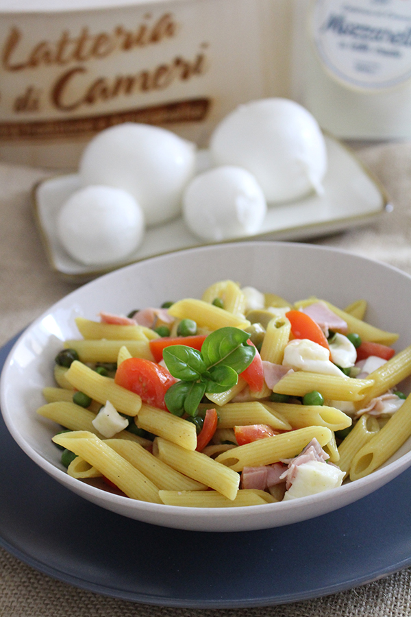 Pasta fredda con verdure, basilico e pezzettini di mozzarella